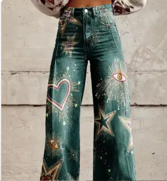 Women’s Wide-Leg Trousers - Colorful Print High-Waist Pants
