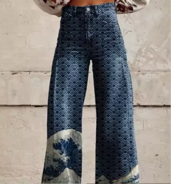 Women’s Wide-Leg Trousers - Colorful Print High-Waist Pants