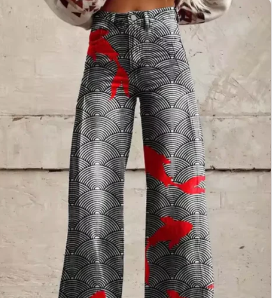 Women’s Wide-Leg Trousers - Colorful Print High-Waist Pants