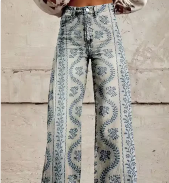 Women’s Wide-Leg Trousers - Colorful Print High-Waist Pants