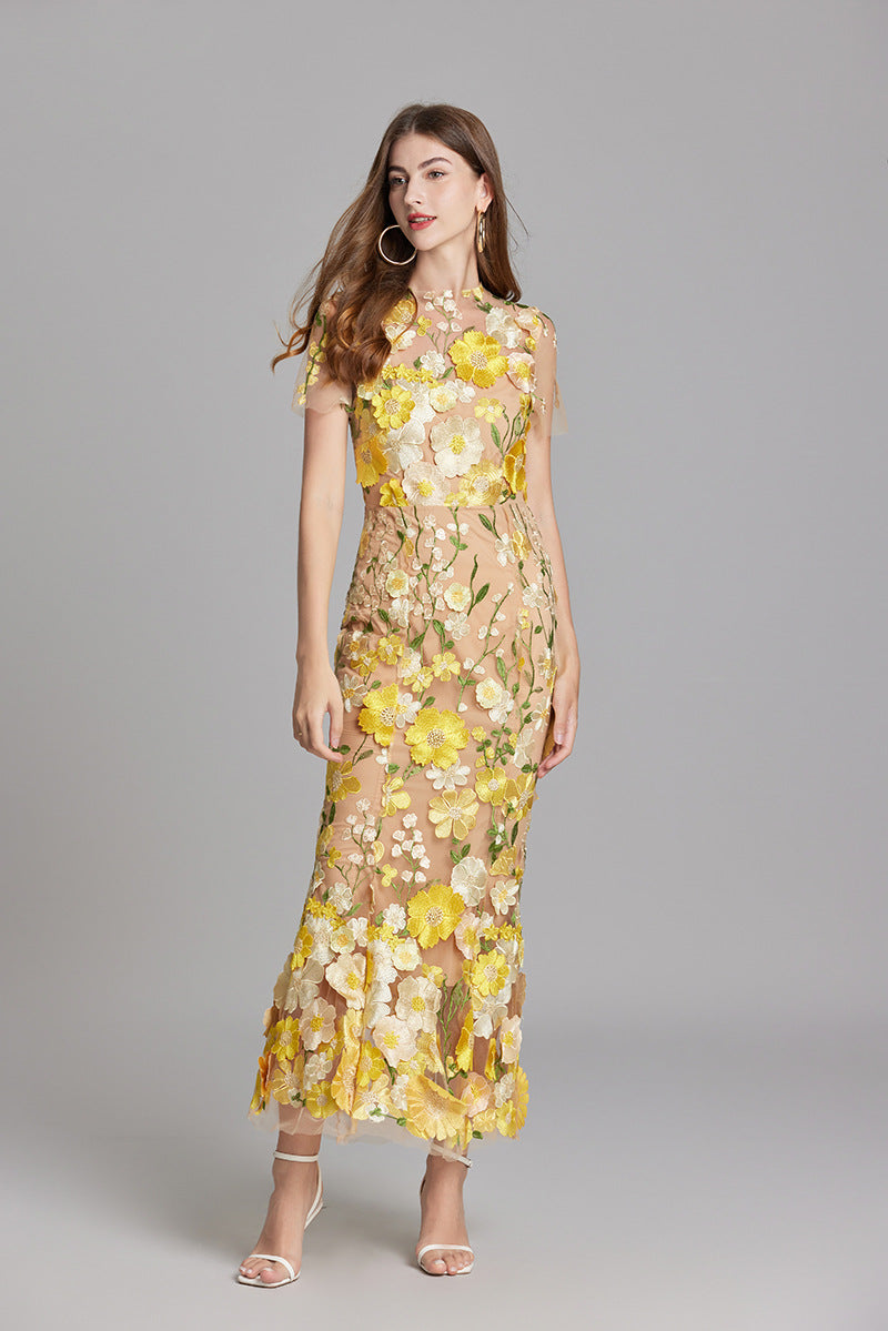 Floral Applique Mermaid Evening Gown