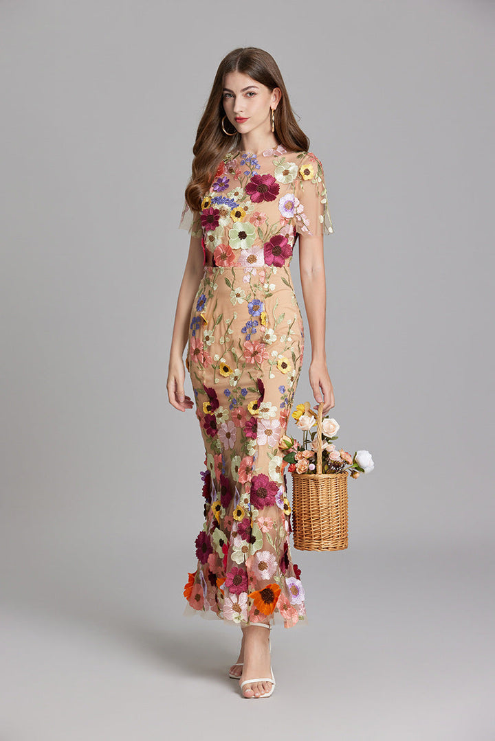 Floral Applique Mermaid Evening Gown