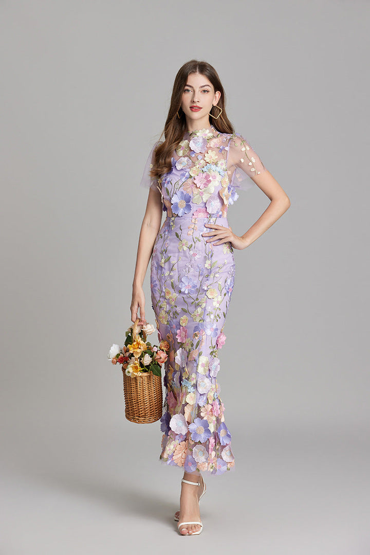 Floral Applique Mermaid Evening Gown