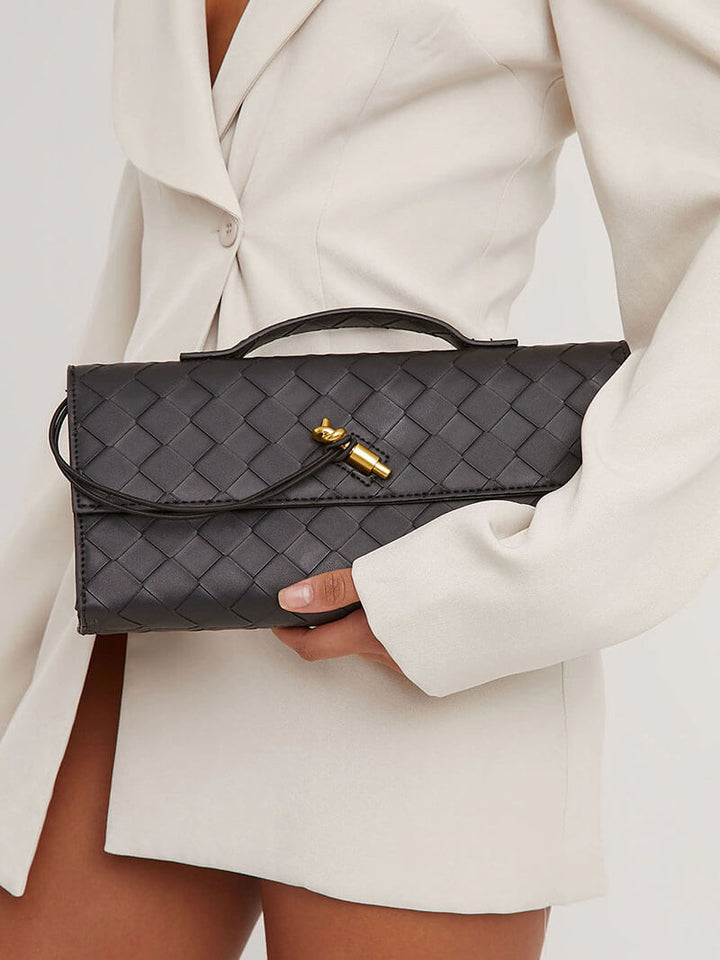 Women’s Woven Leather Shoulder Bag - Elegant Gold Twist-Lock Handbag