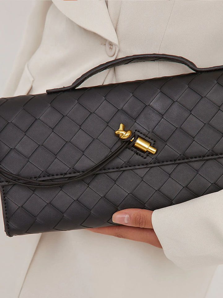 Women’s Woven Leather Shoulder Bag - Elegant Gold Twist-Lock Handbag