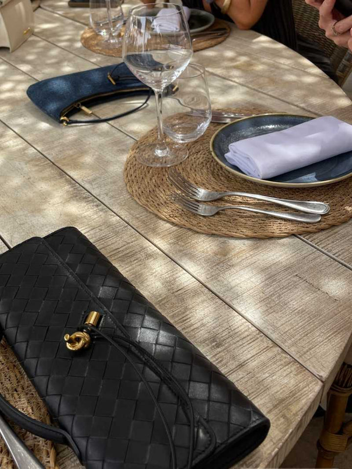 Women’s Woven Leather Shoulder Bag - Elegant Gold Twist-Lock Handbag