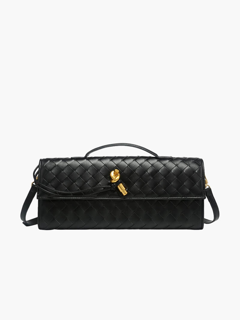 Women’s Woven Leather Shoulder Bag - Elegant Gold Twist-Lock Handbag