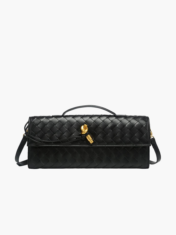 Women’s Woven Leather Shoulder Bag - Elegant Gold Twist-Lock Handbag