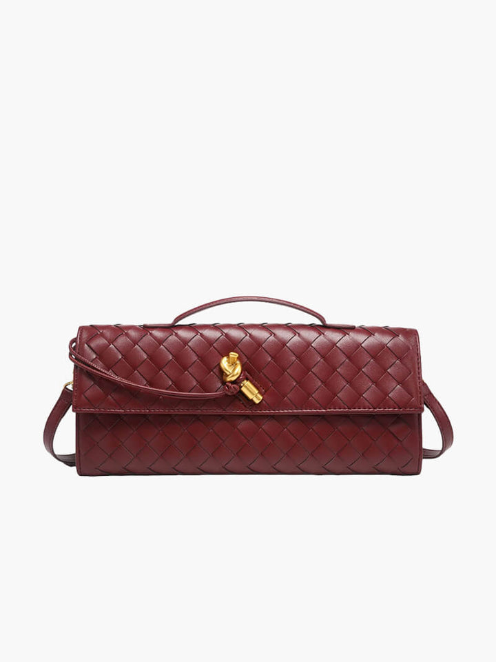 Women’s Woven Leather Shoulder Bag - Elegant Gold Twist-Lock Handbag