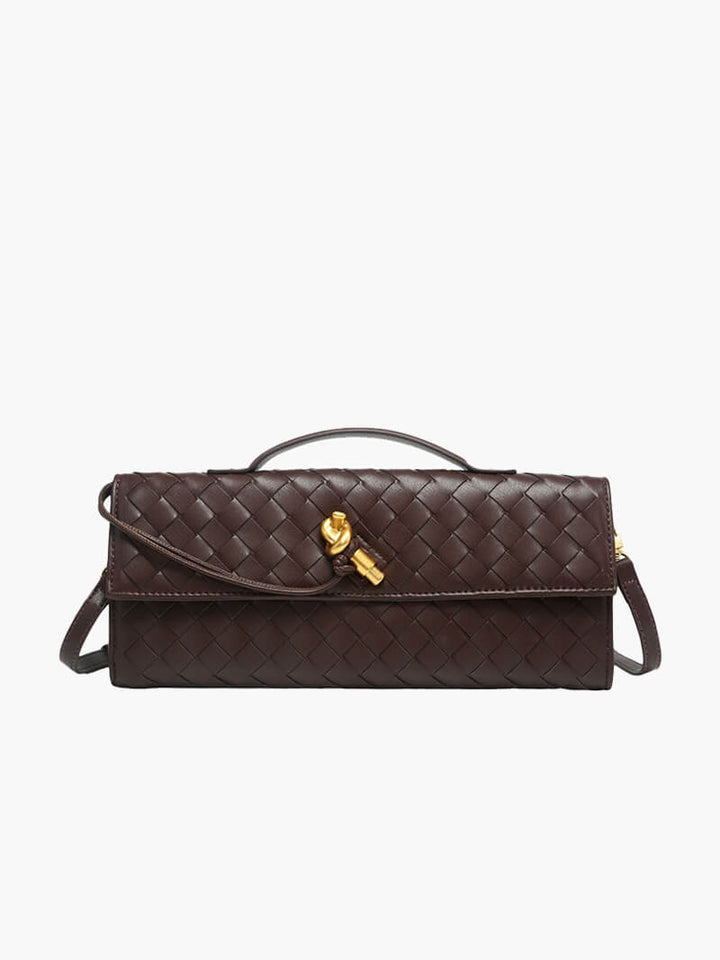 Women’s Woven Leather Shoulder Bag - Elegant Gold Twist-Lock Handbag