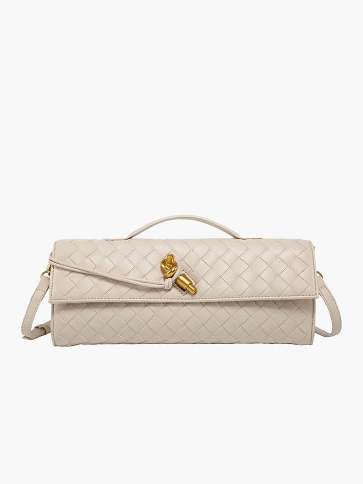 Women’s Woven Leather Shoulder Bag - Elegant Gold Twist-Lock Handbag