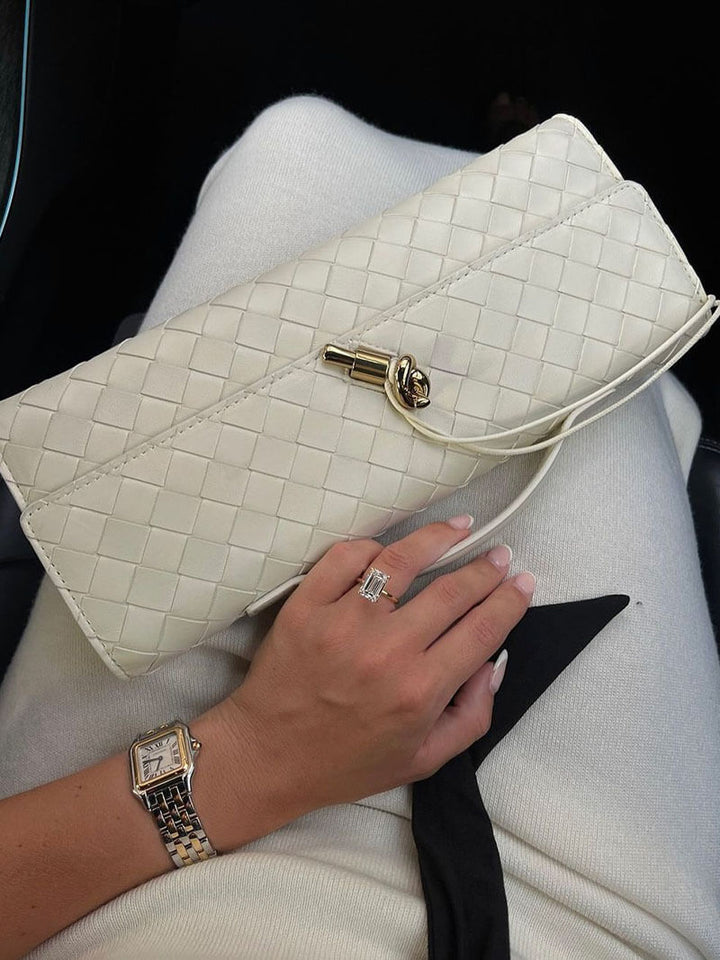 Women’s Woven Leather Shoulder Bag - Elegant Gold Twist-Lock Handbag
