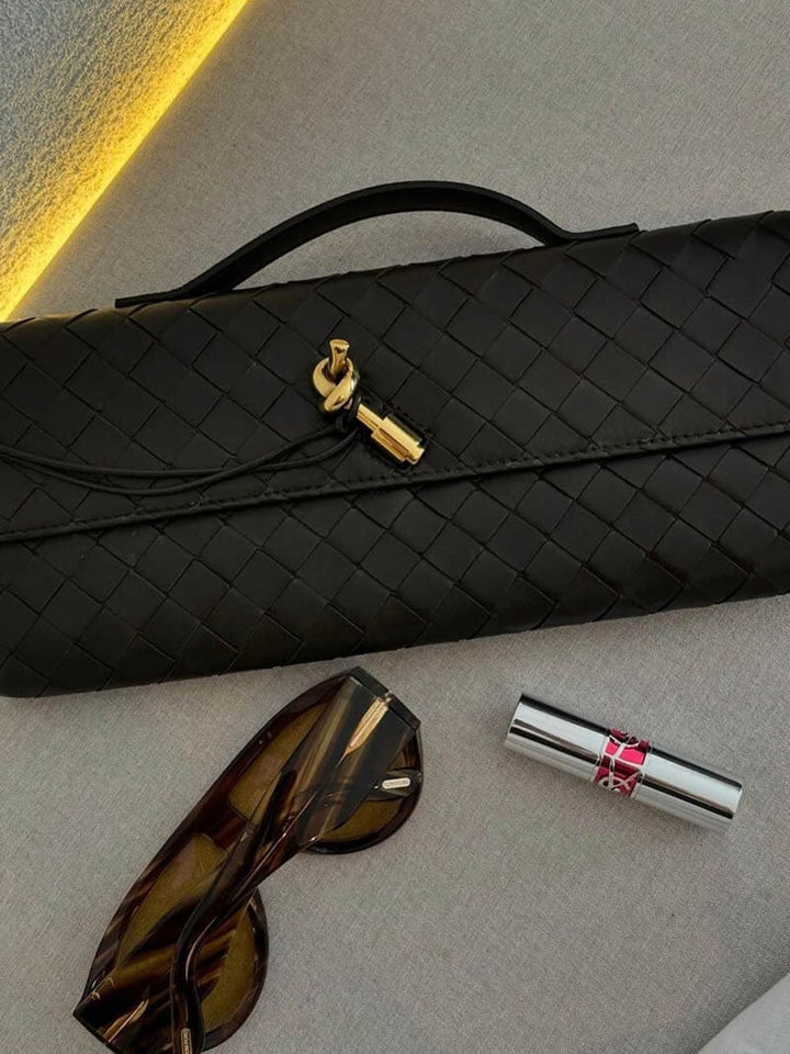 Women’s Woven Leather Shoulder Bag - Elegant Gold Twist-Lock Handbag