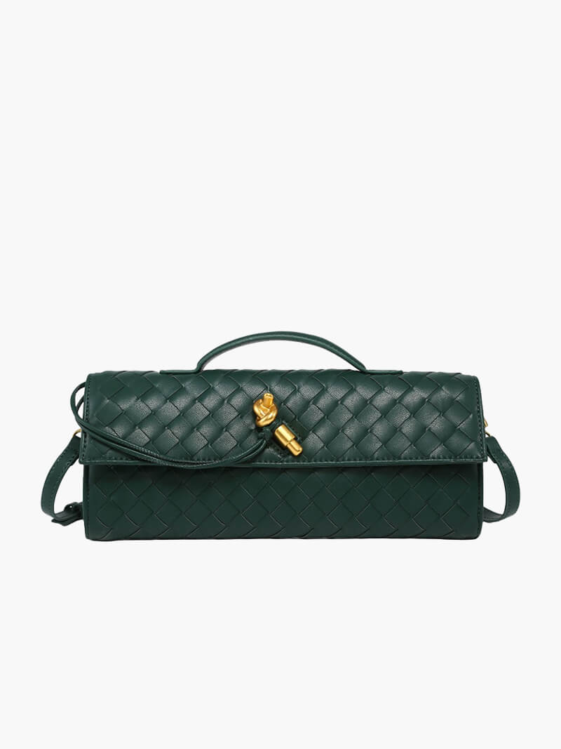 Women’s Woven Leather Shoulder Bag - Elegant Gold Twist-Lock Handbag