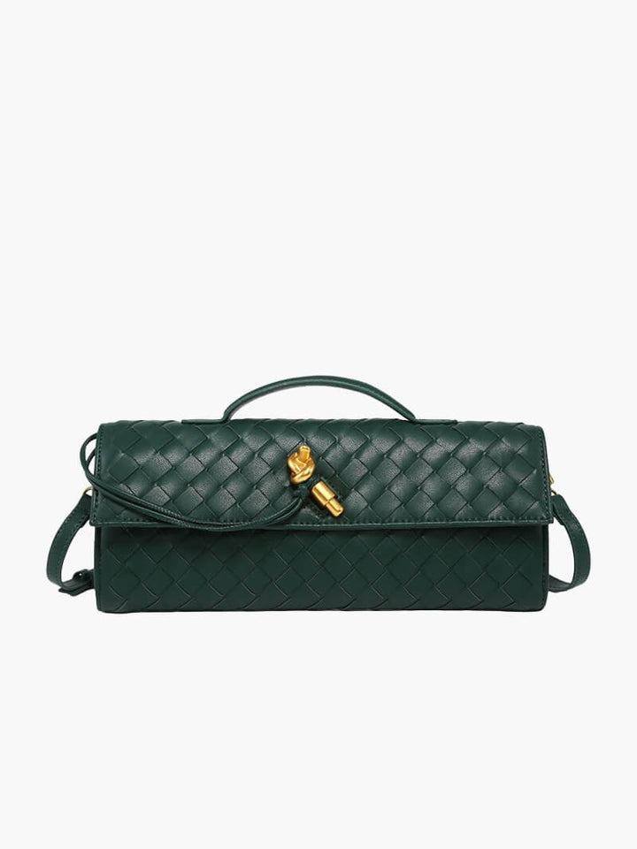 Women’s Woven Leather Shoulder Bag - Elegant Gold Twist-Lock Handbag