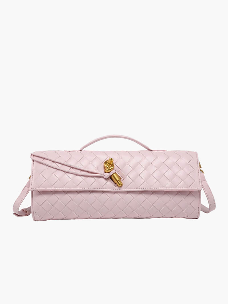 Women’s Woven Leather Shoulder Bag - Elegant Gold Twist-Lock Handbag