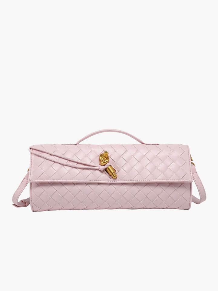 Women’s Woven Leather Shoulder Bag - Elegant Gold Twist-Lock Handbag