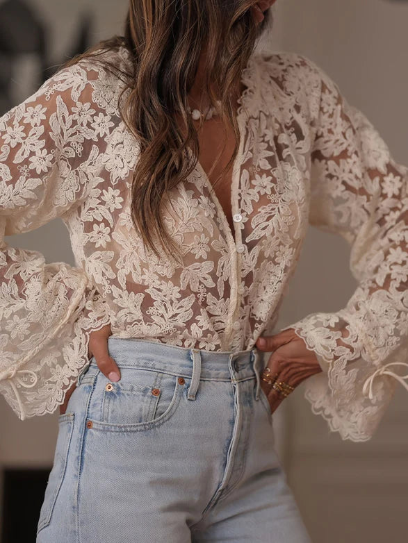 Stylish Lace Blouse for Women - Comfortable with Ruffles and Long Sleeves