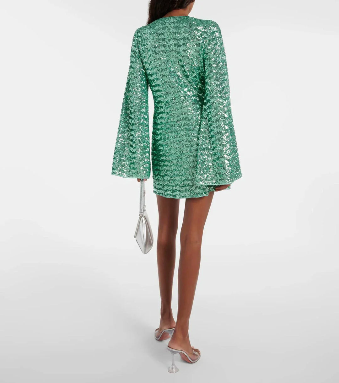 Glitter Mini Dress - V-Neck & Wide Sleeves