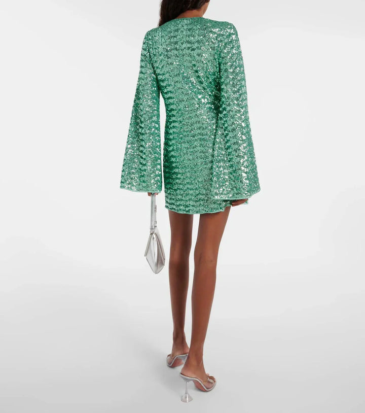 Glitter Mini Dress - V-Neck & Wide Sleeves