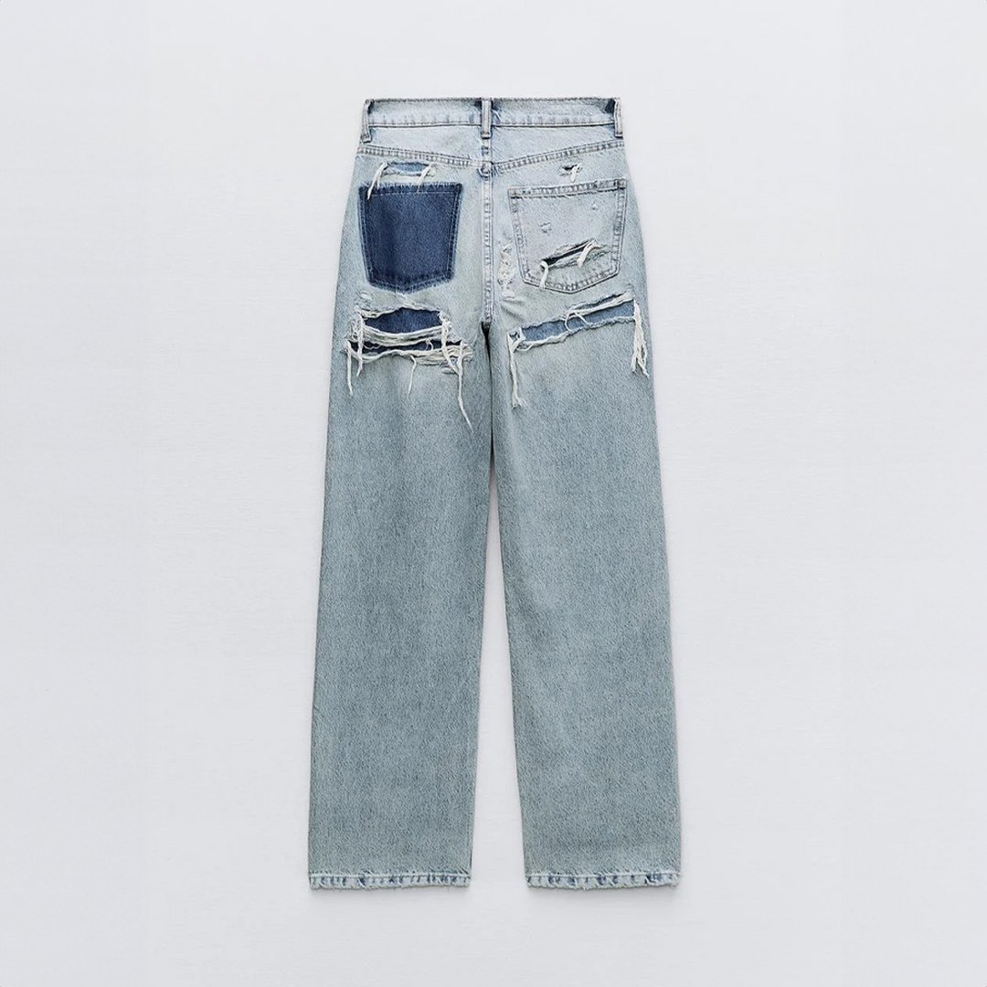 Vintage Ripped Jeans with Unique Patchwork Detail