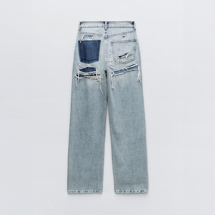 Vintage Ripped Jeans with Unique Patchwork Detail