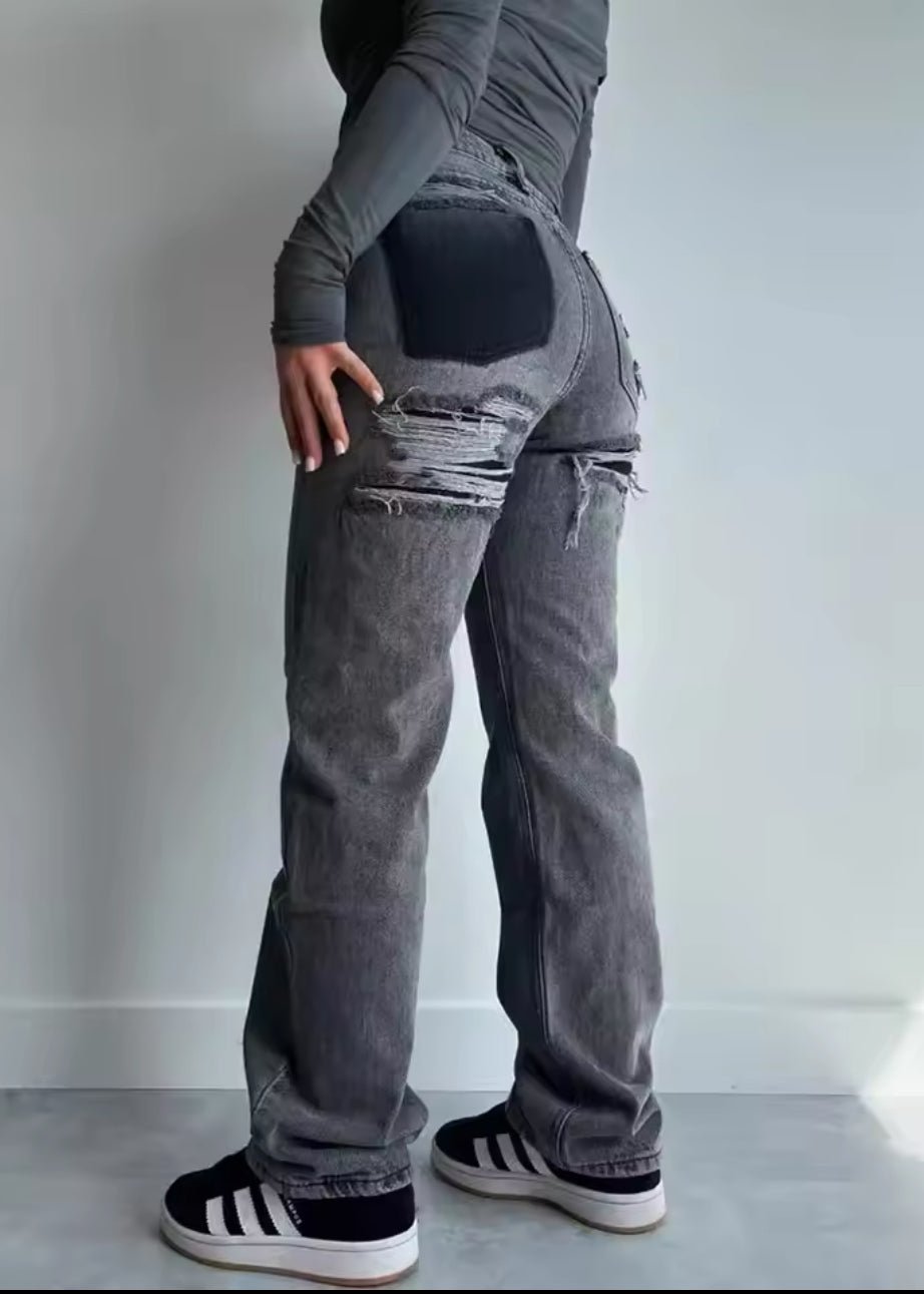 Vintage Ripped Jeans with Unique Patchwork Detail