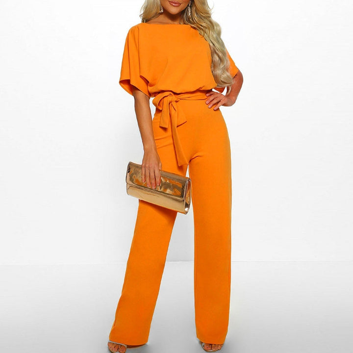 Women’s Short Sleeve Wide-Leg Jumpsuit with Adjustable Waist Tie Detail