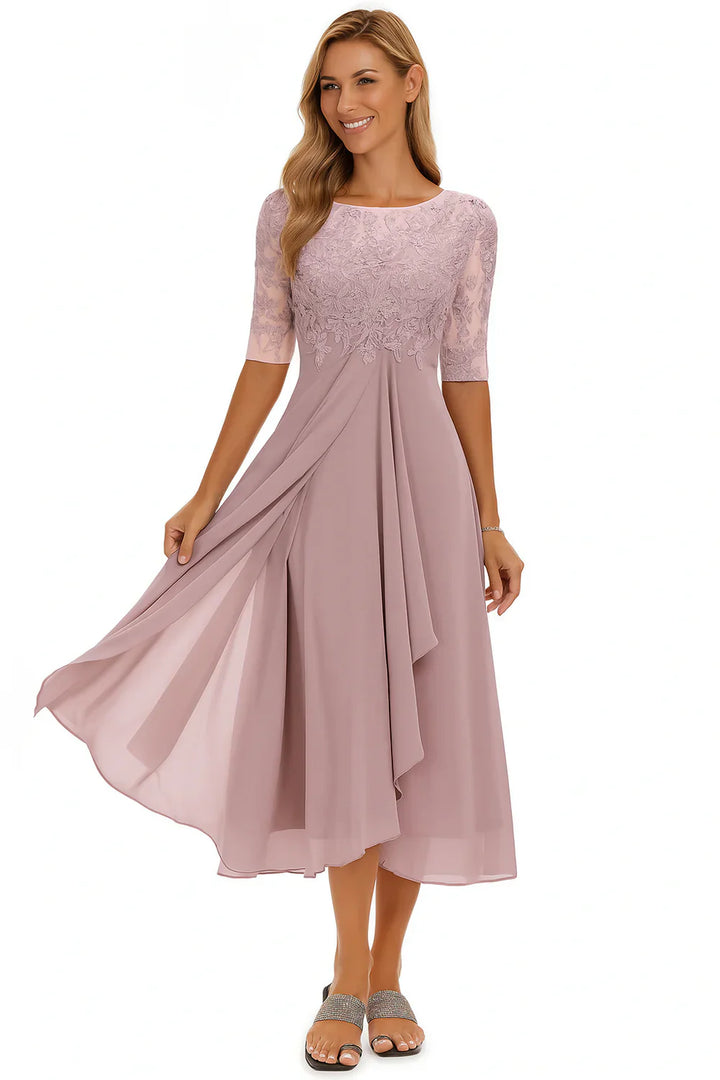 Women’s Lace and Chiffon Midi Dress with A-Line Skirt and Short Sleeves