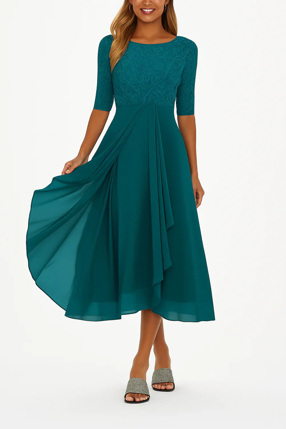 Women’s Lace and Chiffon Midi Dress with A-Line Skirt and Short Sleeves