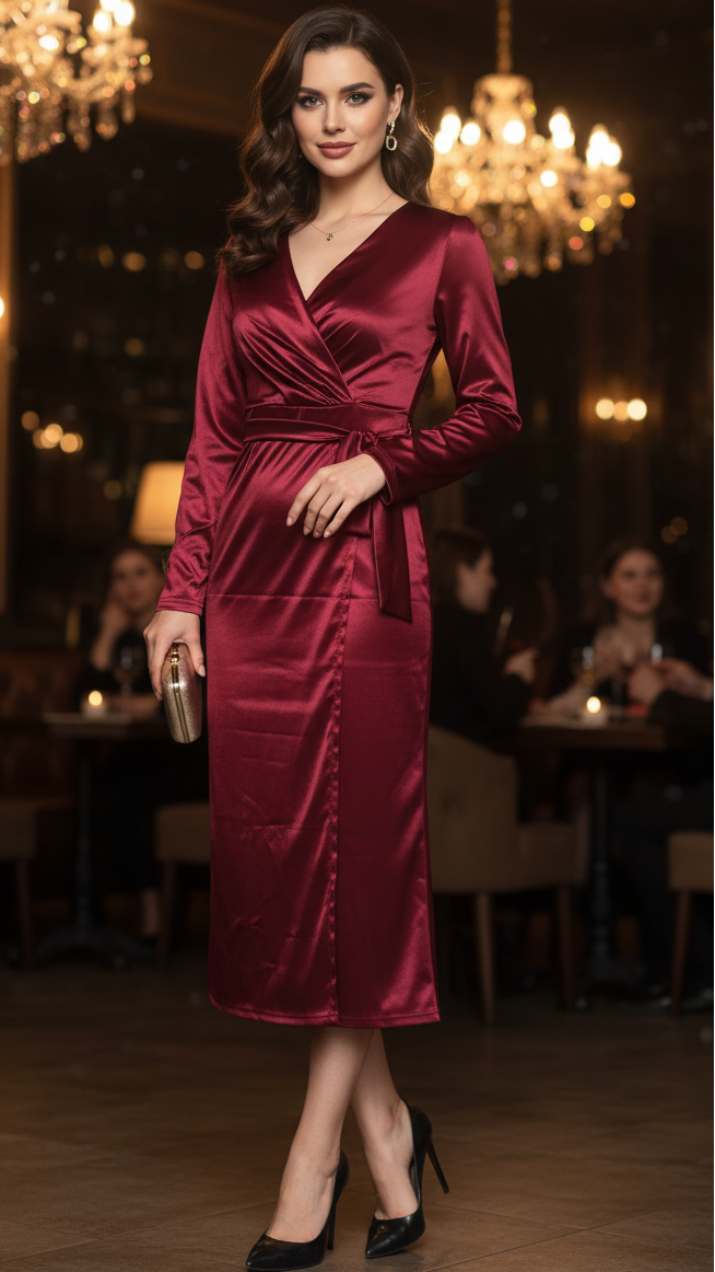 Burgundy Wrap Maxi Dress with a Feminine Cut