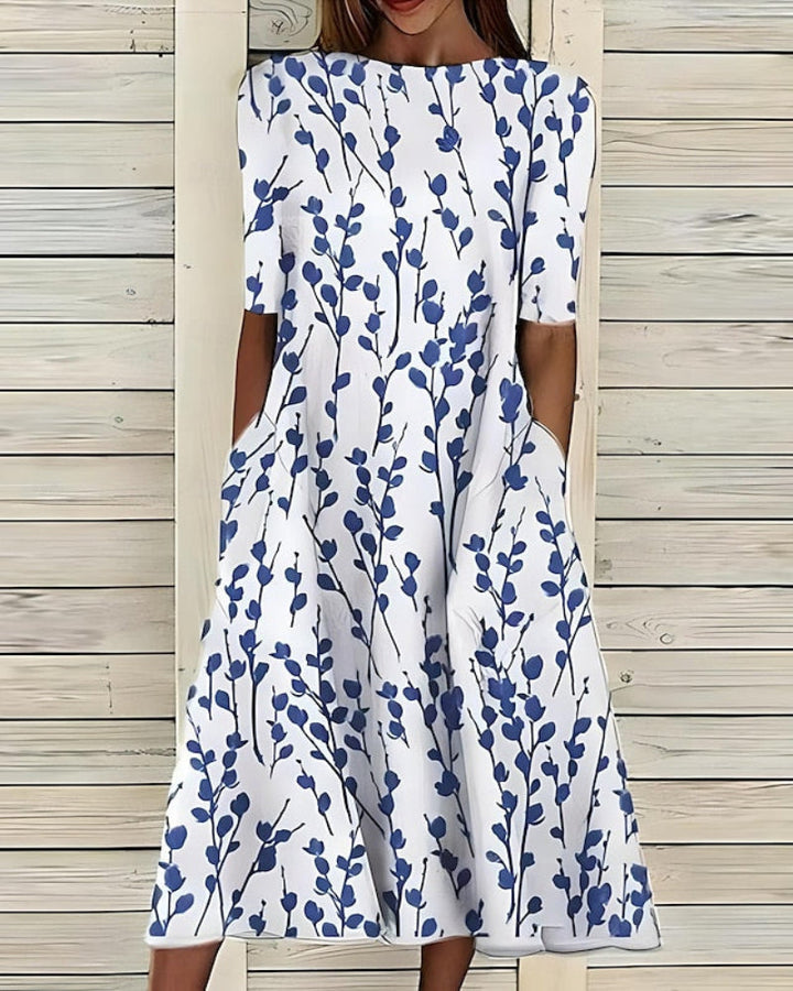 A-Line Midi Dress with Pockets Flowy Women's Dress