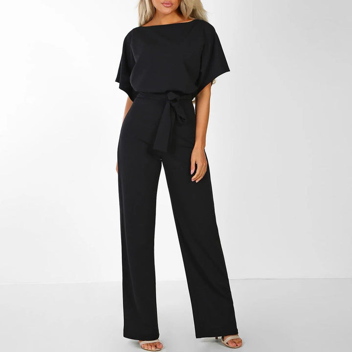 Women’s Short Sleeve Wide-Leg Jumpsuit with Adjustable Waist Tie Detail