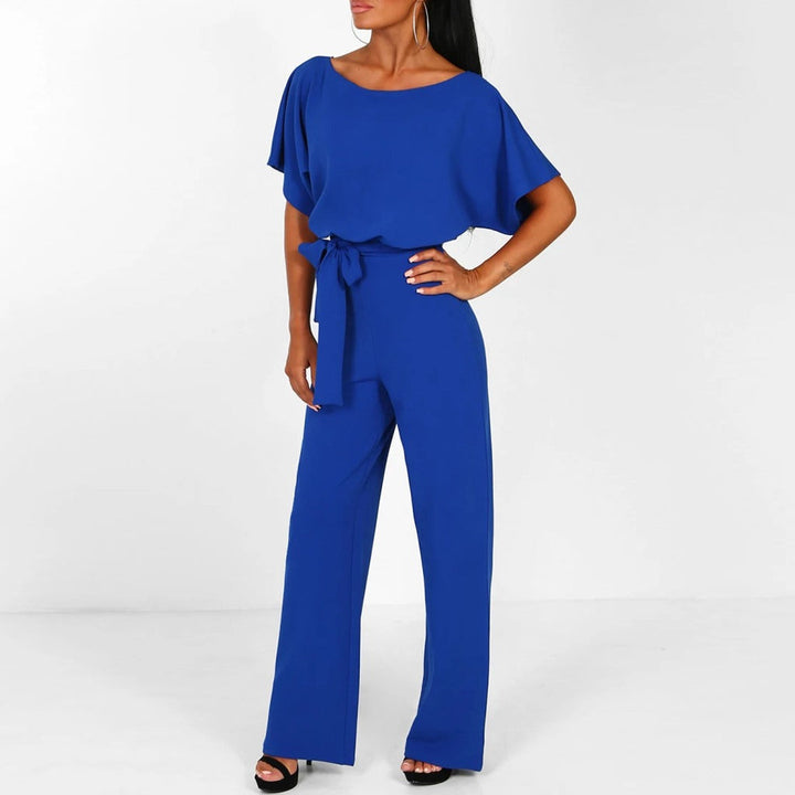 Women’s Short Sleeve Wide-Leg Jumpsuit with Adjustable Waist Tie Detail
