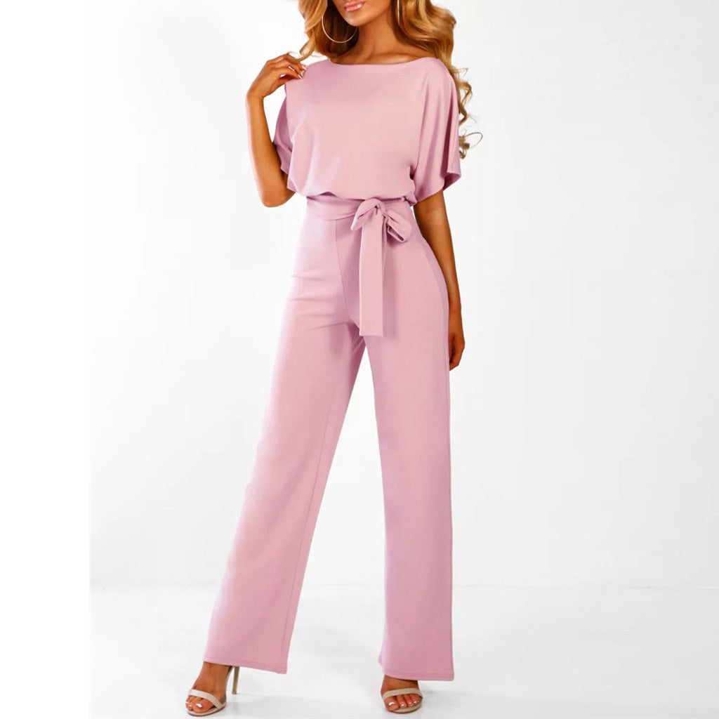 Women’s Short Sleeve Wide-Leg Jumpsuit with Adjustable Waist Tie Detail