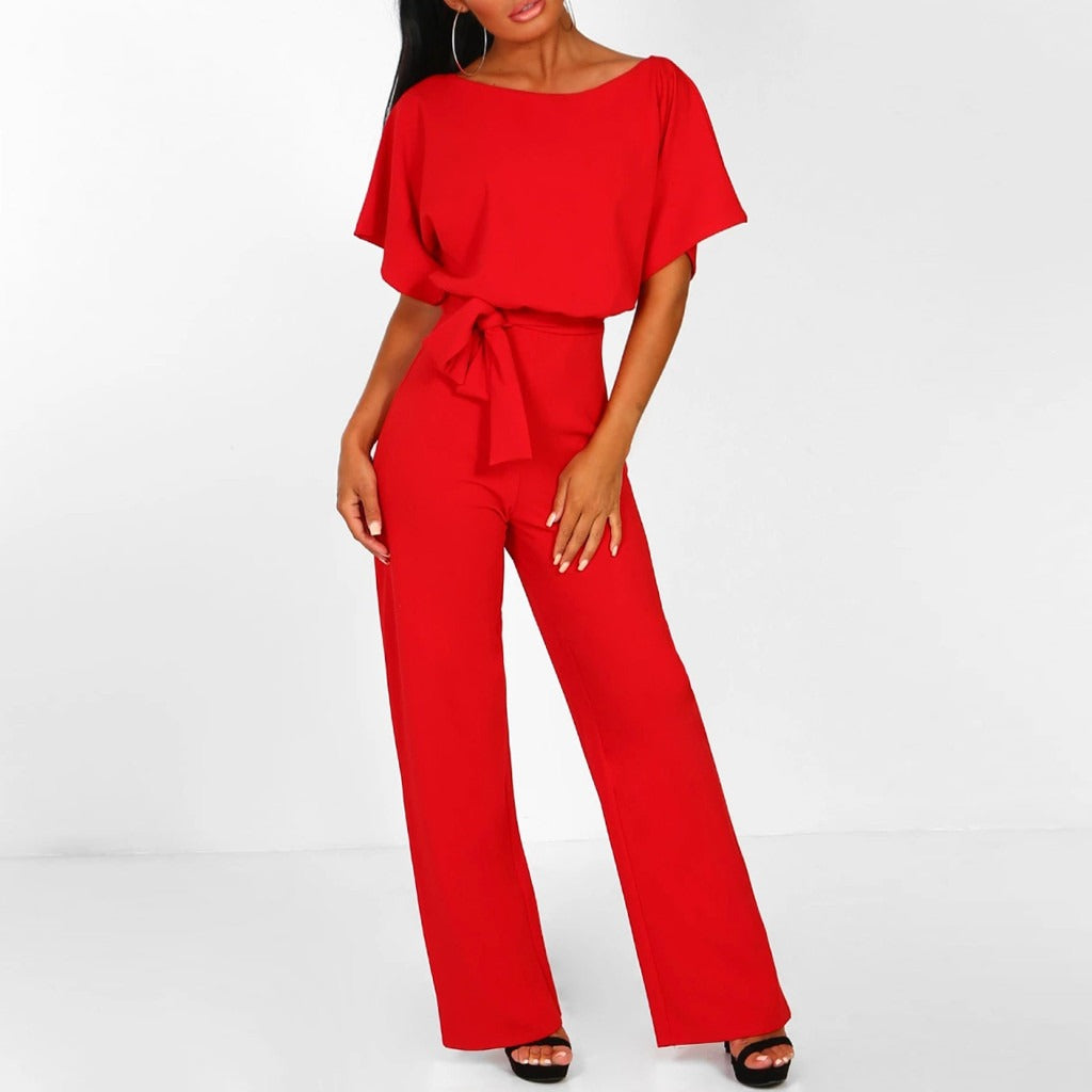 Women’s Short Sleeve Wide-Leg Jumpsuit with Adjustable Waist Tie Detail