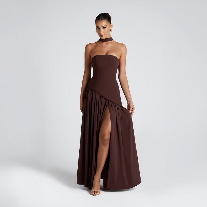 Strapless long dress with asymmetric cut and high slit