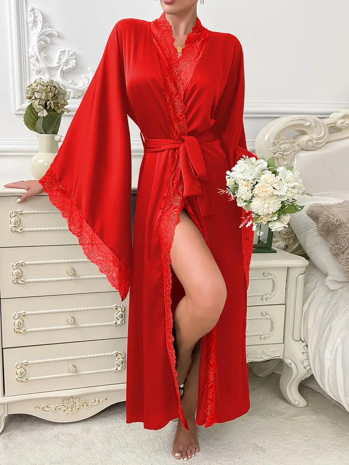 Long Women's Lace Dress with Waist Belt and Wide Sleeves