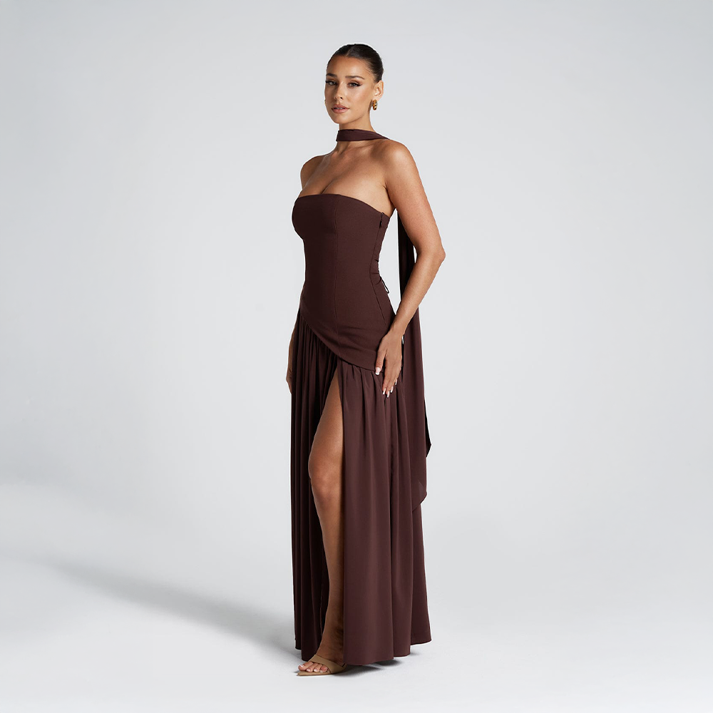 Strapless long dress with asymmetric cut and high slit