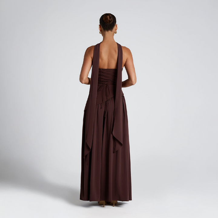 Strapless long dress with asymmetric cut and high slit