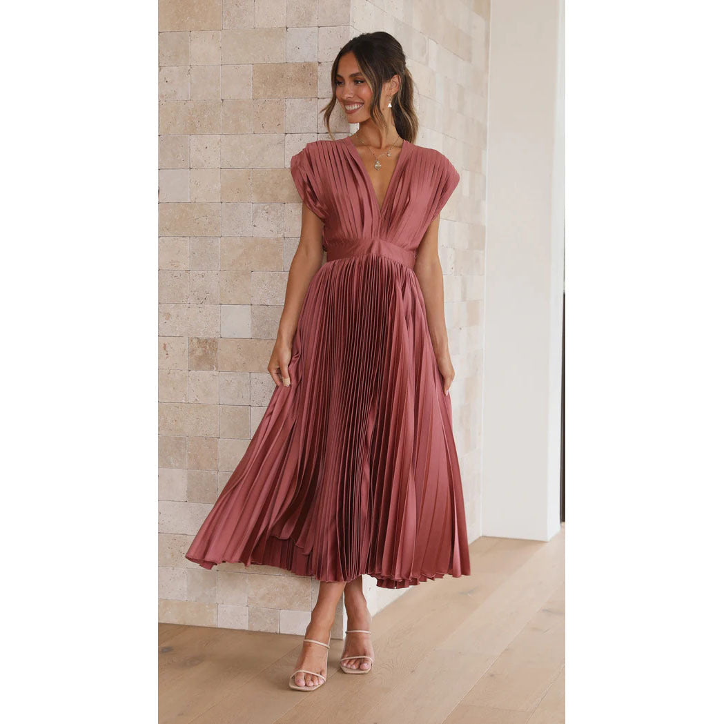 Elegant Ladies' Midi Dress with Pleated Skirt – V-Neck