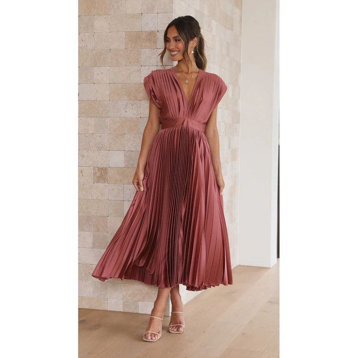 Elegant Ladies' Midi Dress with Pleated Skirt – V-Neck