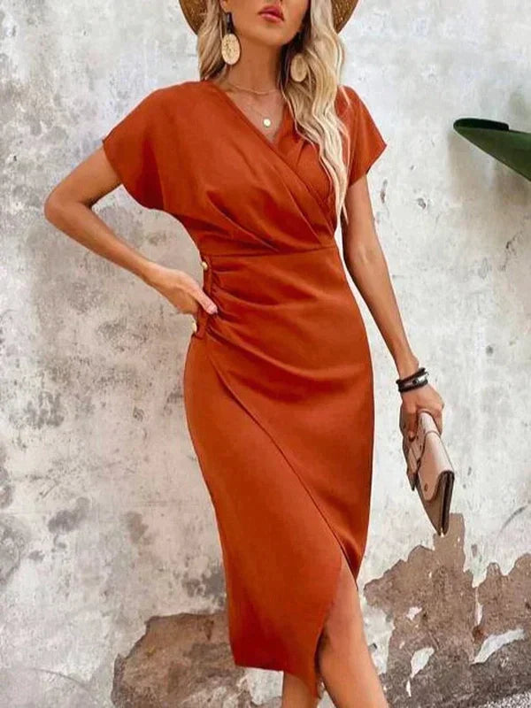 Elegant Midi Summer Dress for Women - V-Neck Design with Subtle Split