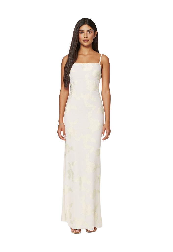 Figure-hugging dress with floral details and tie straps