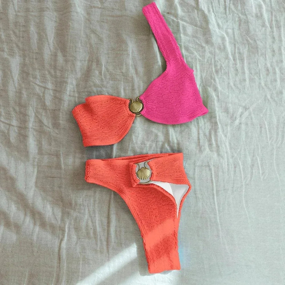 Asymmetrical Women's Bikini with Textured Finish and Ring
