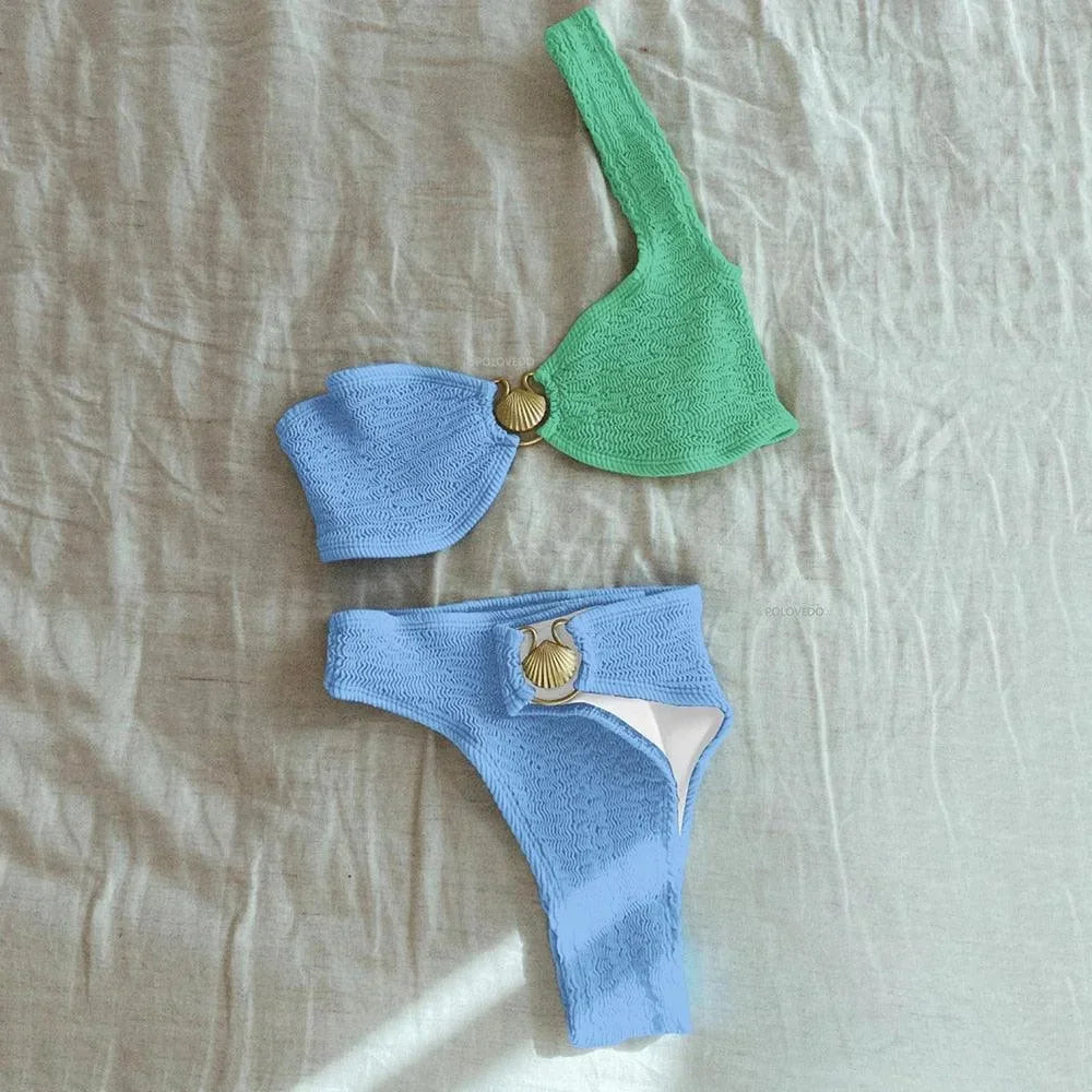 Asymmetrical Women's Bikini with Textured Finish and Ring