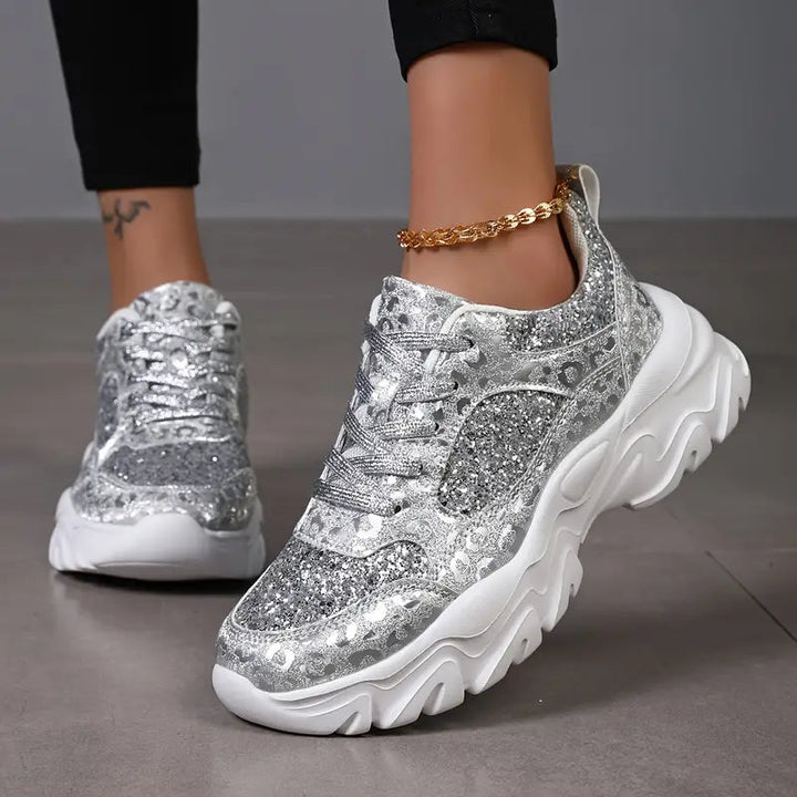 Silver chunky sneakers for women with glitter and high sole