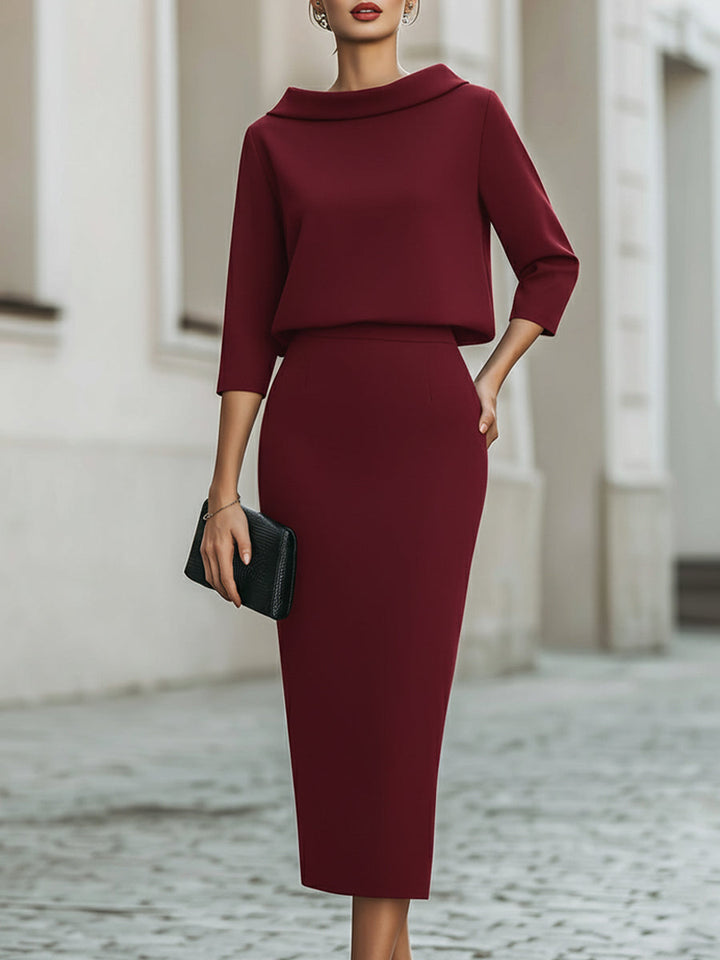 Boat Neck Top & Midi Skirt Set Casual Women's Set