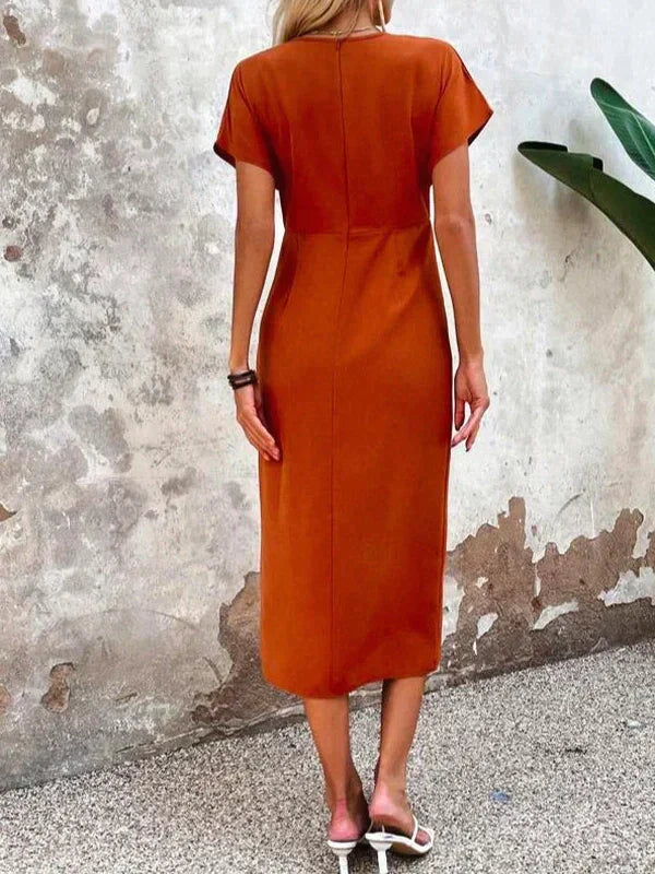 Elegant Midi Summer Dress for Women - V-Neck Design with Subtle Split