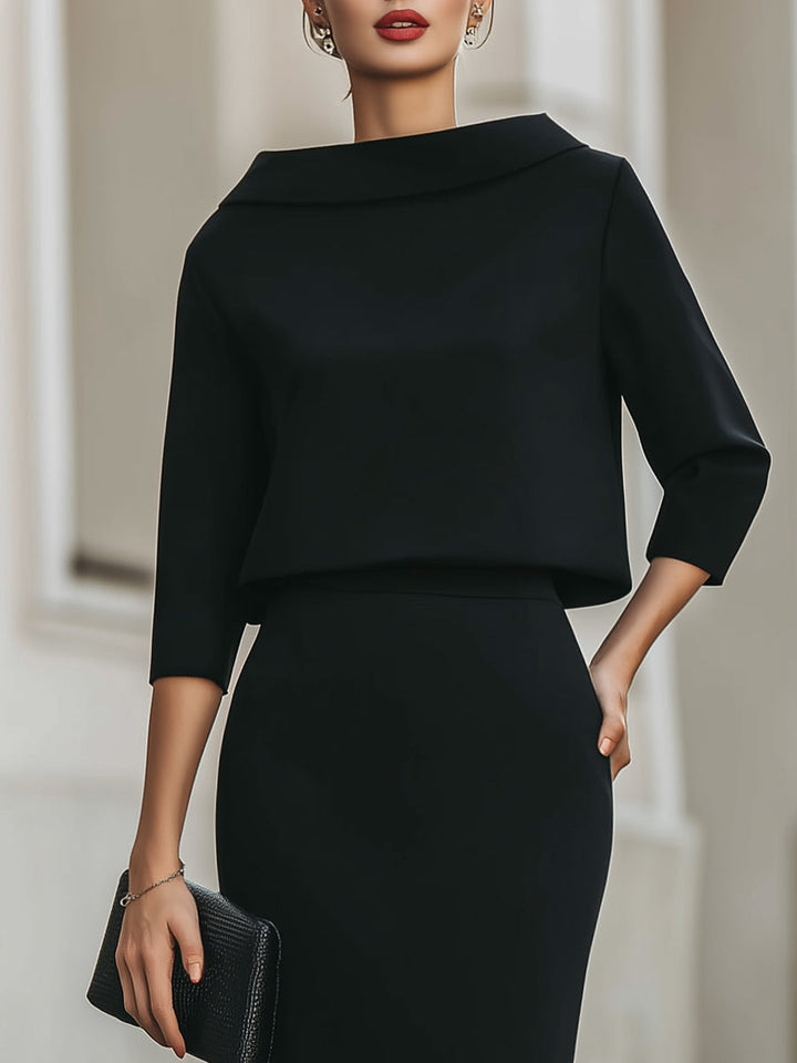 Boat Neck Top & Midi Skirt Set Casual Women's Set